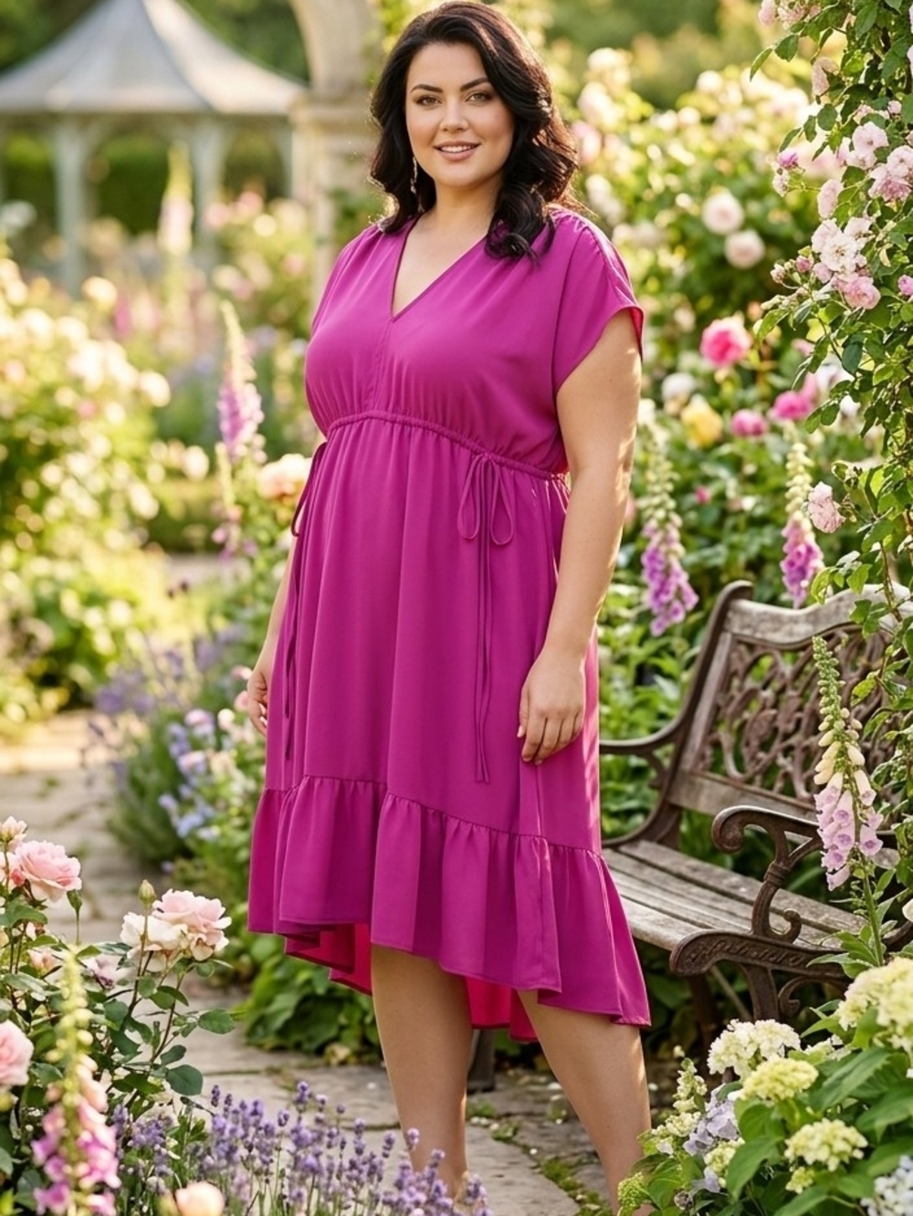 V-Neck High-Low Flutter Hem Dress in Magenta